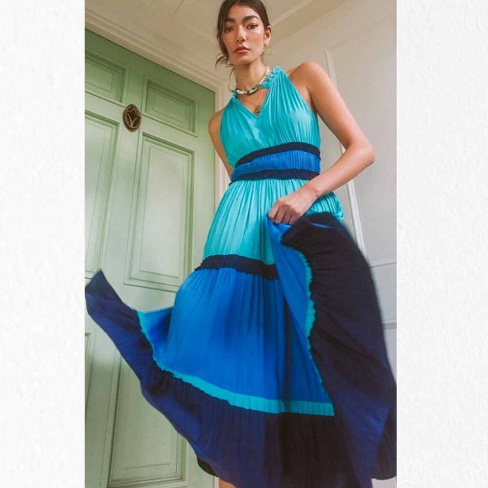 BOGO! Anthropologie Current Air Tiered Midi Dress Turquoise Blue XS